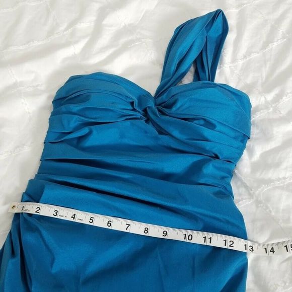 David Meister Formal Dress Ruched Teal Blue Size 2 Asymmetrical Ruched Long - Picture 10 of 14